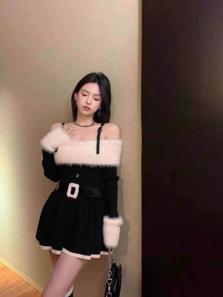 Korejepo одно слово плечо волосатое платье с длинными рукавами женская зимняя тонкая