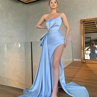sexy strapless prom evening dress long light blue with train pleats backless women formal party gowns split robes de soir%c3%a9e