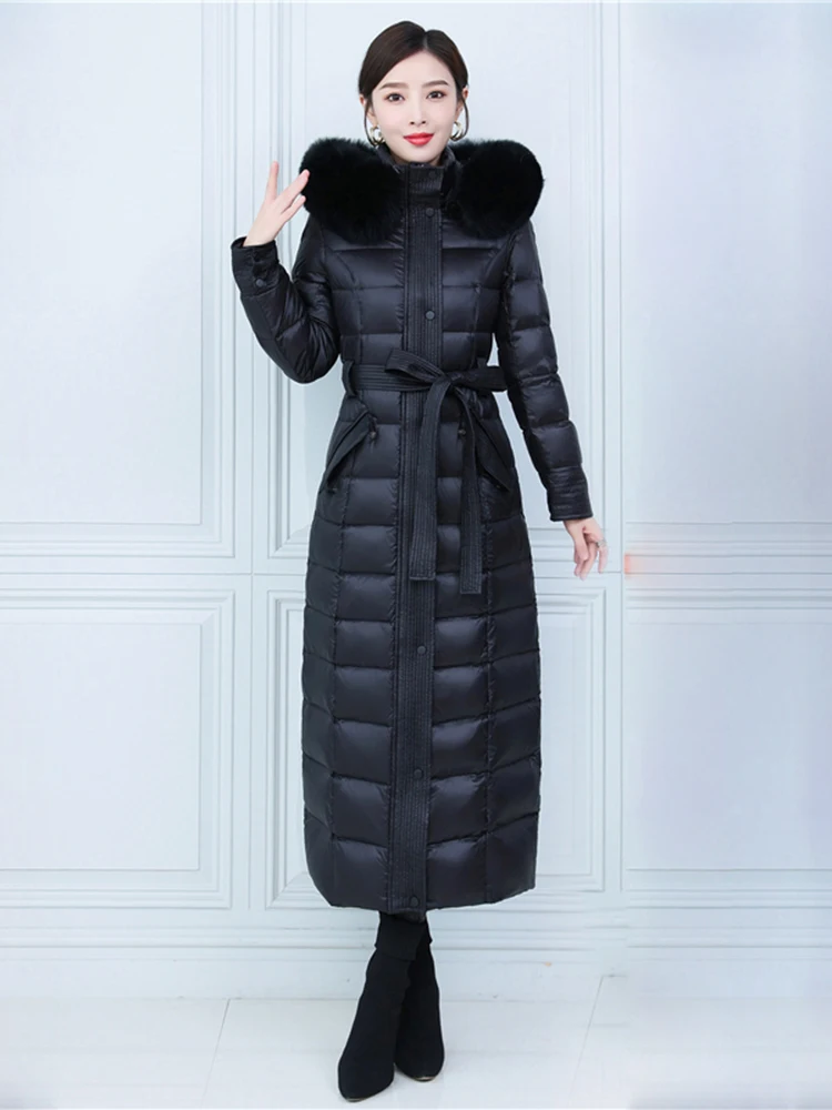 New Women Winter Down Coat Fashion Real Fox Fur Collar Detachable Hooded Lengthened Belt Down Jacket Thicken Warm Overcoat