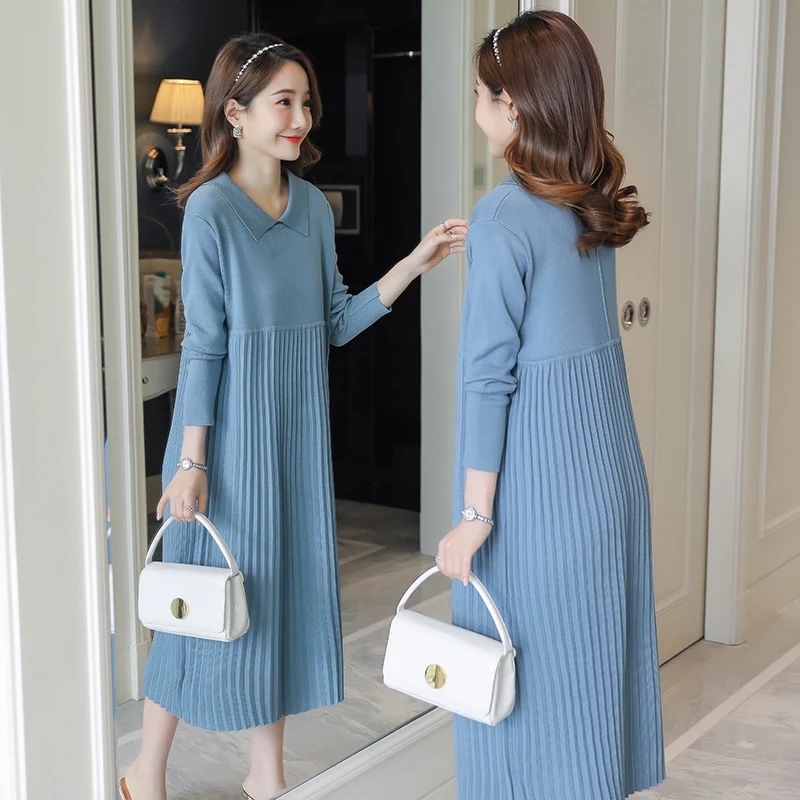 Loose Autumn Winter Thick Warm Knitted Maternity Long Dress Sweet Clothes for Pregnant Women Winter Pleated Pregnancy Sweaters