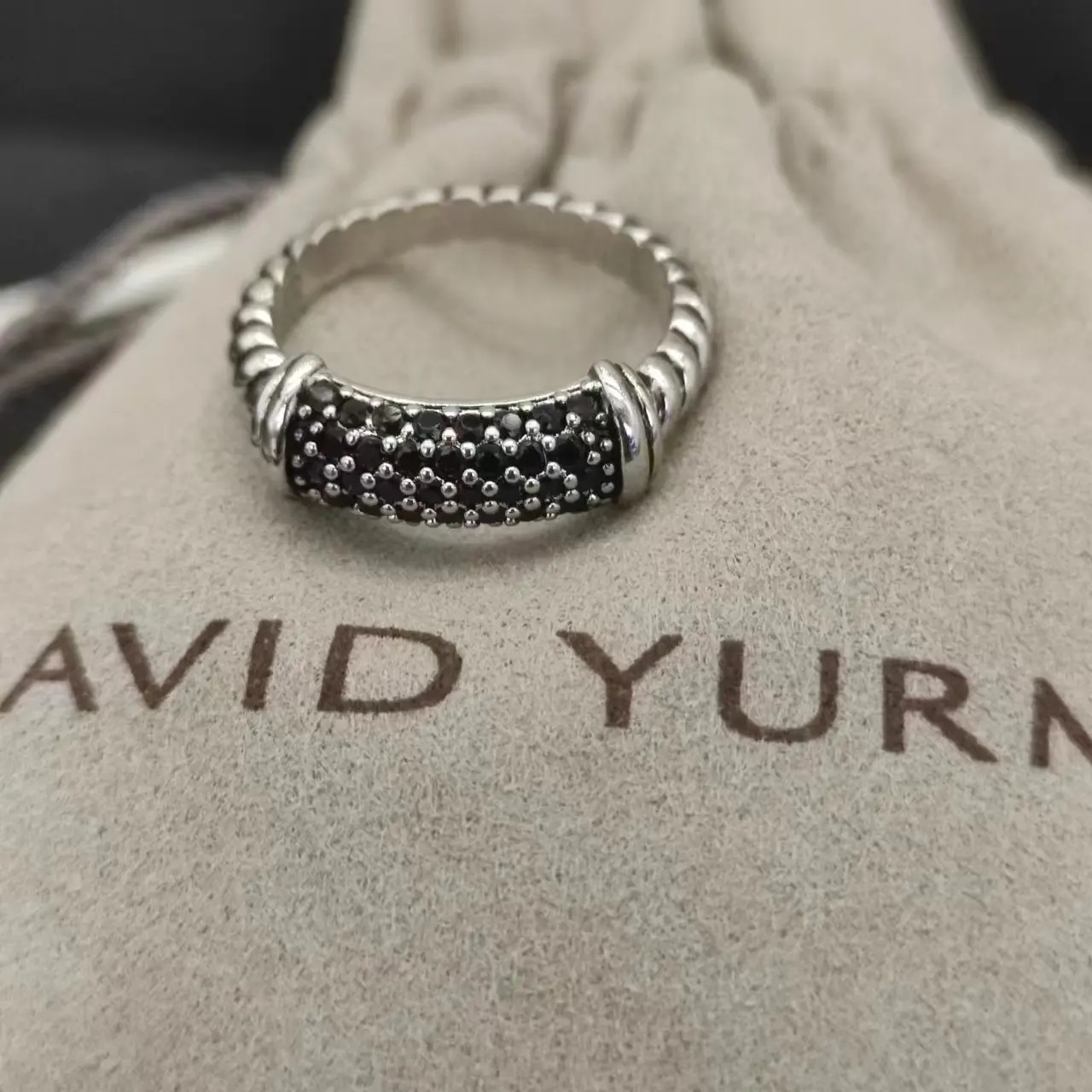David Yurman Rings Cable Collectibles Twisted Line Black White Stone Stack in Sterling Silver with Pavé Diamonds