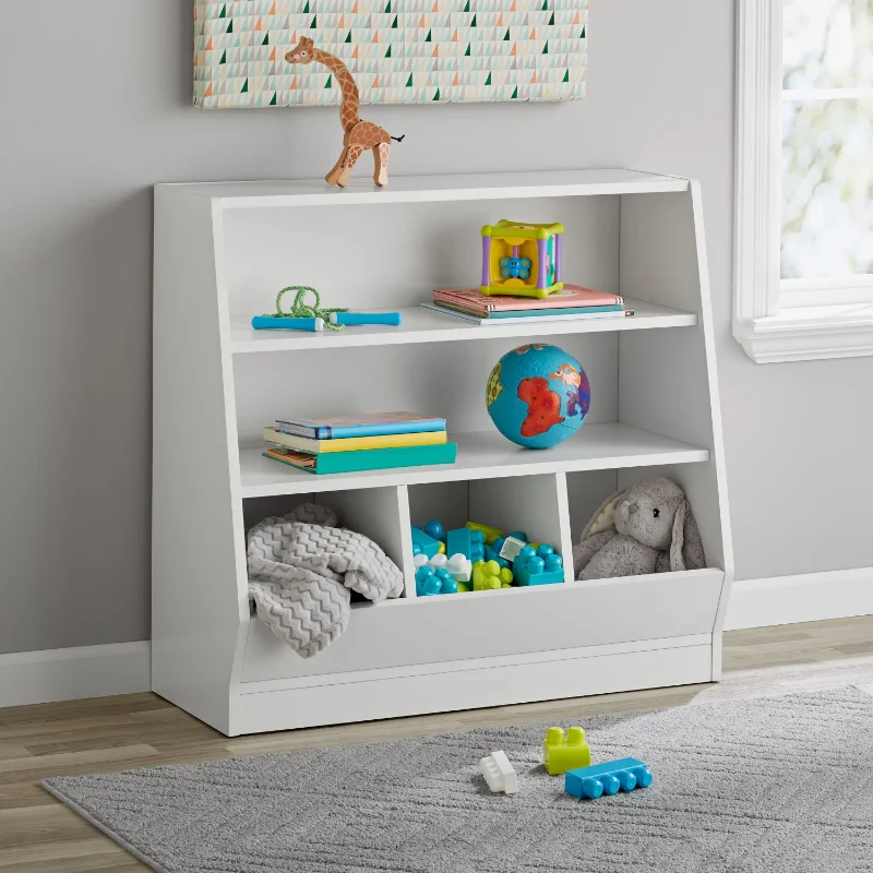 Kids Bin Storage and Two Shelf Bookcase, White  Book Shelf f