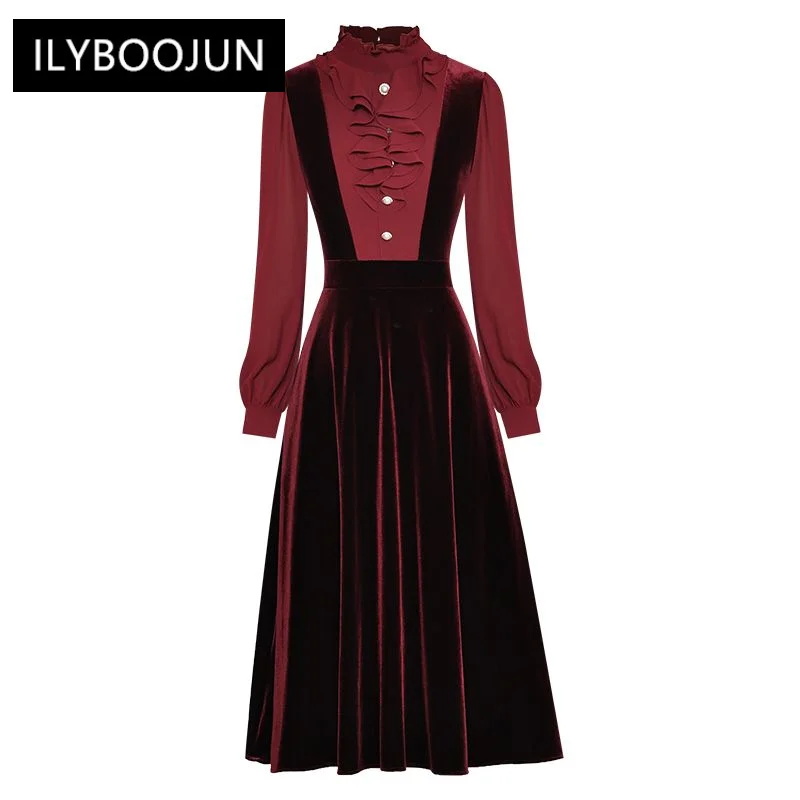 

Женское бархатное платье с длинным рукавом, элегантное винтажное платье в стиле пэчворк с воротником-стойкой и оборками, осень 2022