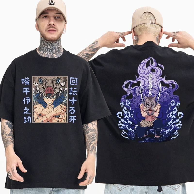 

New T Shirt Demon Slayer Kimetsu No Yaiba Inosuke Pig Boy Funny Mashup Black T-Shirt Cotton Tee Shirt Short Sleeve Men's Women's