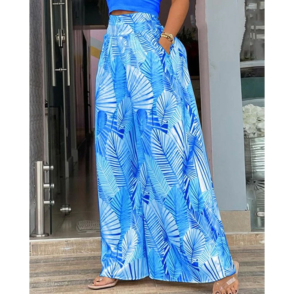 Summer Women Mock Neck Sleeveless Crop Tank Top & Plants Print Wide Leg Pants Set Female Two Pieces Suit Set Streetwear Outfits