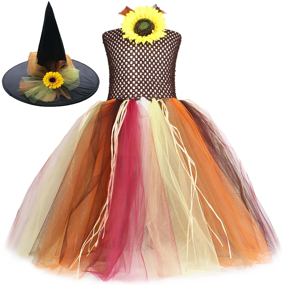 

Sunflower Scarecrow Long Tutu Dress for Girls Pumpkin Halloween Costumes for Kids Girl Fall Autumn Fancy Dresses Gown