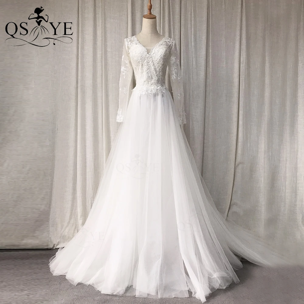 

Кружевное Свадебное платье А-силуэта, ТРАПЕЦИЕВИДНОЕ Тюлевое свадебное платье с V-образным вырезом и длинными рукавами, цветочное кружевно...