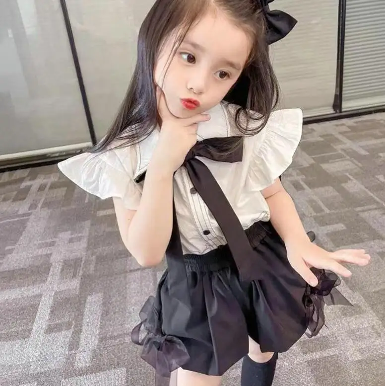 

2022 New Baby Girls Summer Fashion Cute Sets, Top + Black Shorts Wholesale 5 sets/lot
