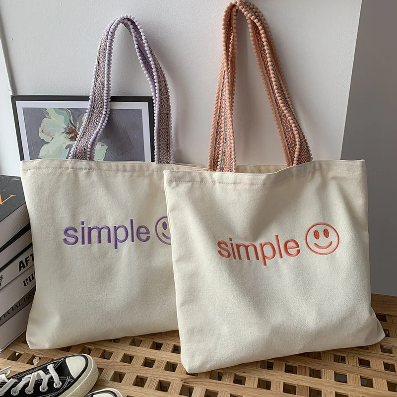 

Embroidered Canvas Bag for Women Large Capacity Ladies Shopping Bags Retro Simple Student Girls Daily Class Tote Handbags
