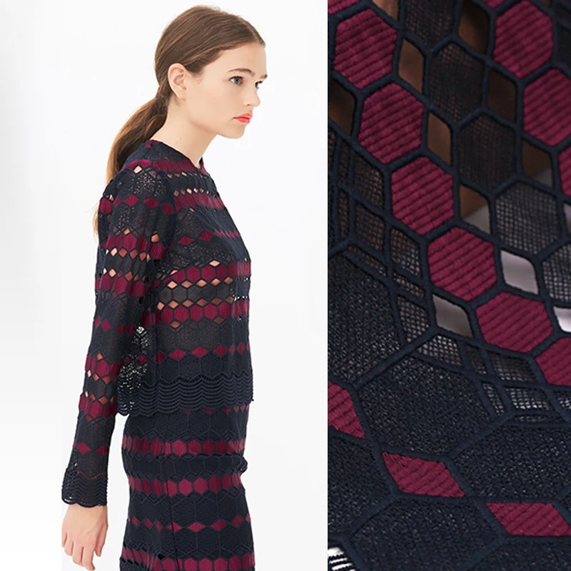 

130 см в ширину 420 г/м черная фиолетовая красная геометрическая вышивка полиэстер вырез Кружевная ткань для свадебного платья одежда E386