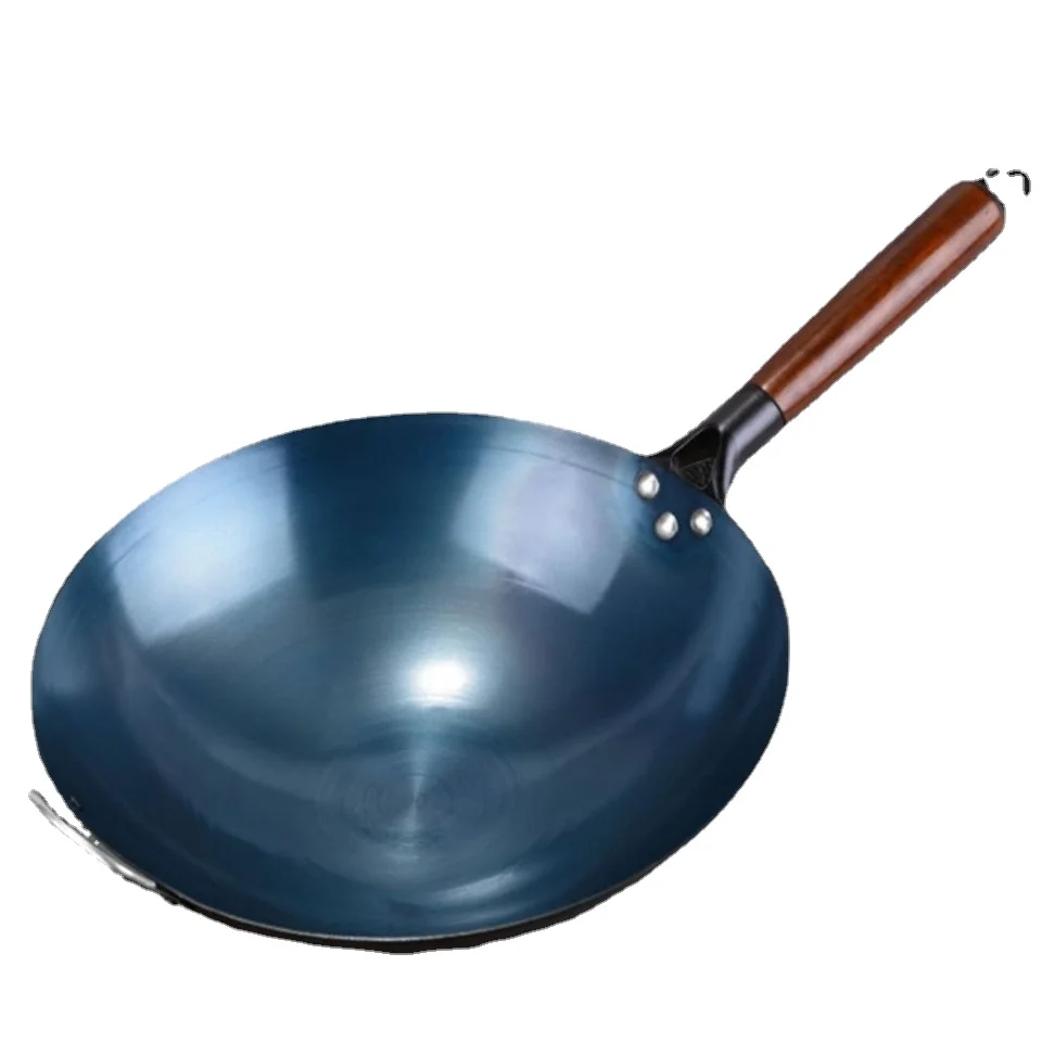 

Traditional Chinese Seasoning Iron Wok with Ear,Wooden Handle Uncoated Cooking Wok,Round Bottom Kitchen Cookware for Gas Stoves