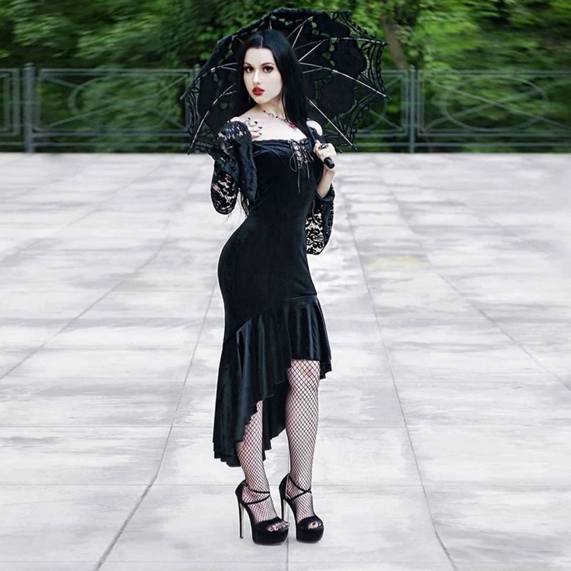 

Женское черное платье со шнуровкой, блестящее жаккардовое платье с открытыми плечами, необычное платье с длинным рукавом, коктейльное плат...