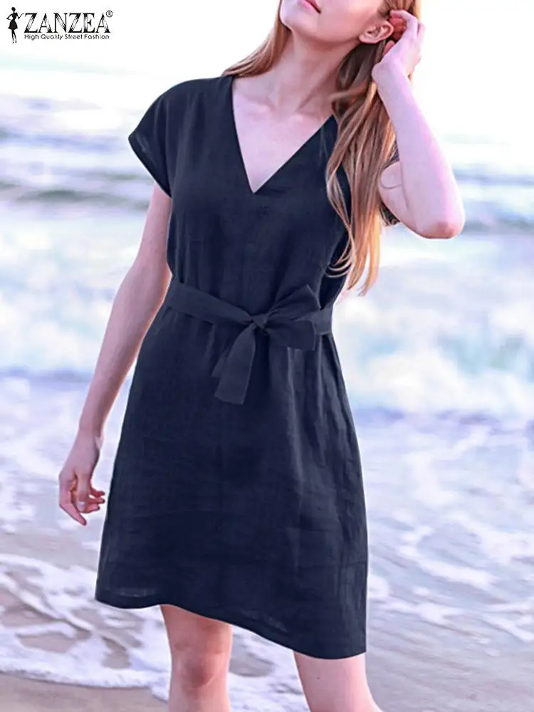 

2023 ZANZEA Women V-Neck Short Sleeve Solid Color Dresses Casual Dress Knee Length Sundress Holiday Elegant Pure Cotton Robe