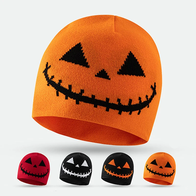 

Halloween Joker Pumpkin Wool Hat Street Horror Face Jacquard Knitted Hat Men Women Warm Cold-Proof Funny Pullover Hip Hop Bonnet