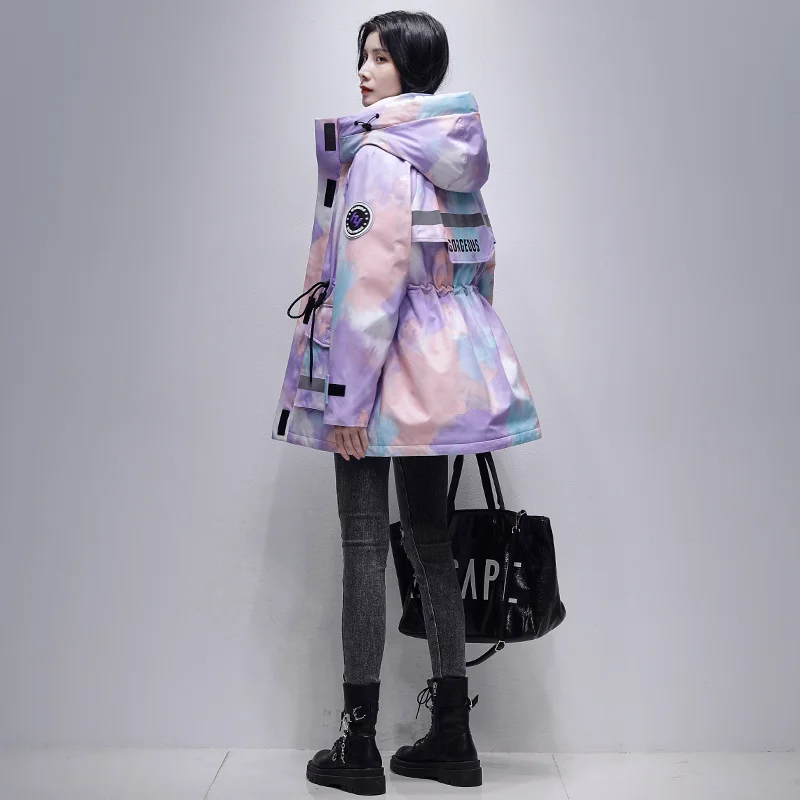 Женский пуховик средней длины зимняя новая модная Толстая парка контрастных