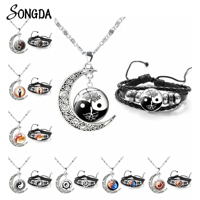 Купи Trendy Black White Tai Chi Bagua Jewelry Sets Life Tree Yin Yang Moon Pendant Necklace Bracelet Set Art Photo Glass Dome Gift за 107 рублей в магазине AliExpress