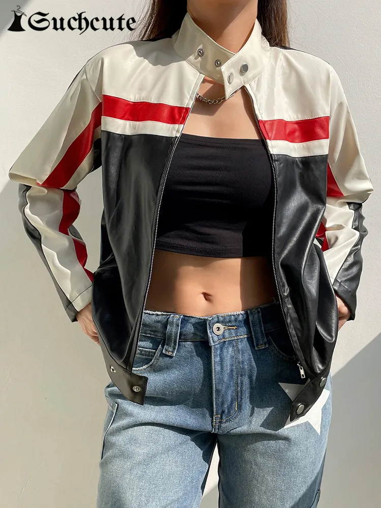 

Байкерская куртка из ПУ кожи с принтом в полоску, с круглым вырезом