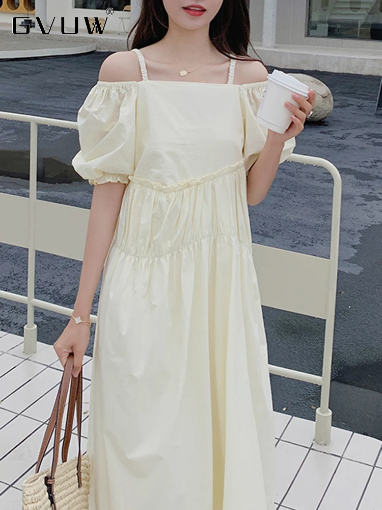 GVUW Elegant Ankle-length Dress For Women O-neck Lantern Short Sleeve Loose 2023 Summer New Female Solid Color Clothing 17J0858