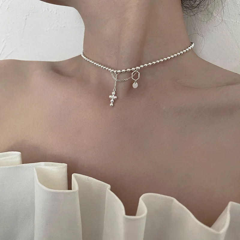 

Cross Bead Necklace 925 Sterling Silver Chain Geometric Niche Design Sense of Cold Wind Advanced Clavicle Chain