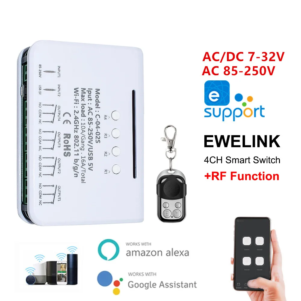 

EWelink Wi-Fi 4CH 2CH Модуль переключателя умного дома 7-32V 220V 10A Реле Радиочастотный пульт дистанционного управления Таймер, совместимый с Alexa