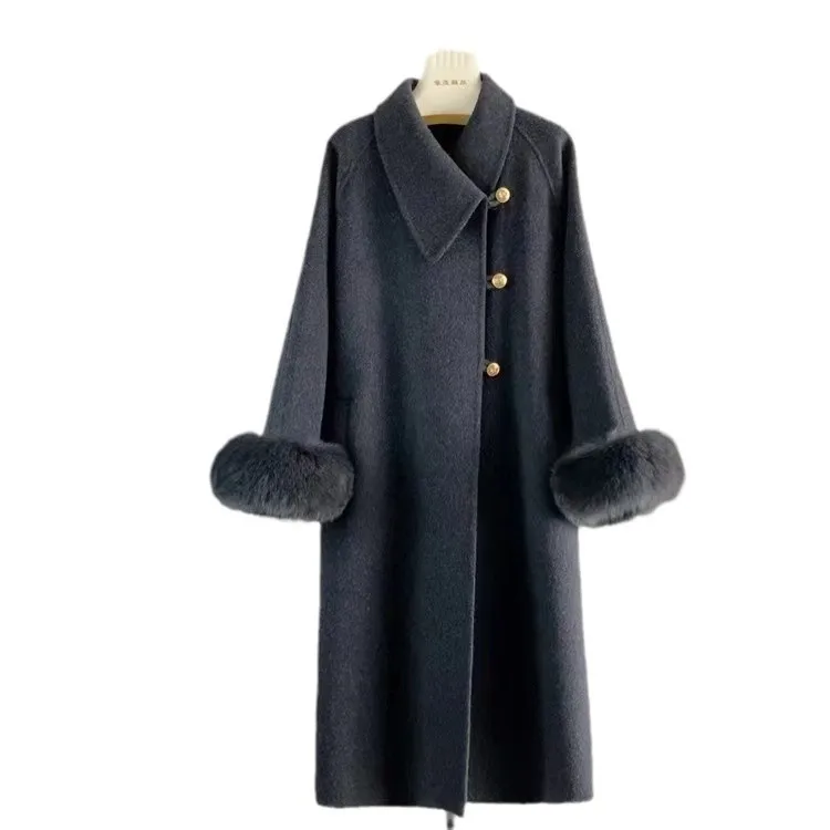 Лисьий мех насыщенная дочь двустороннее кашемировое пальто женская