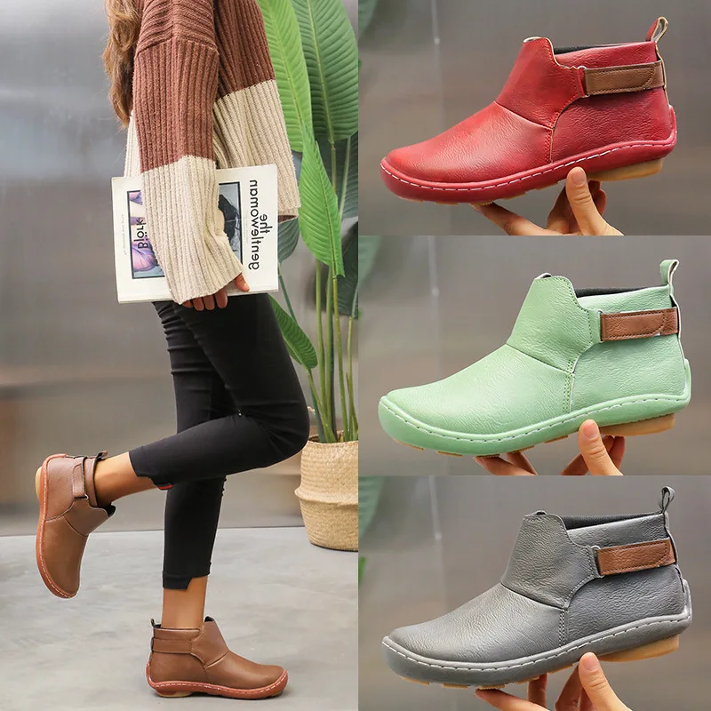 

Women's Boots Leather Retro Slip on Flat Casual Shoes Velcro Plus Size Ankle Boots Solid Color Women Boots 2021 New Botas Mujer
