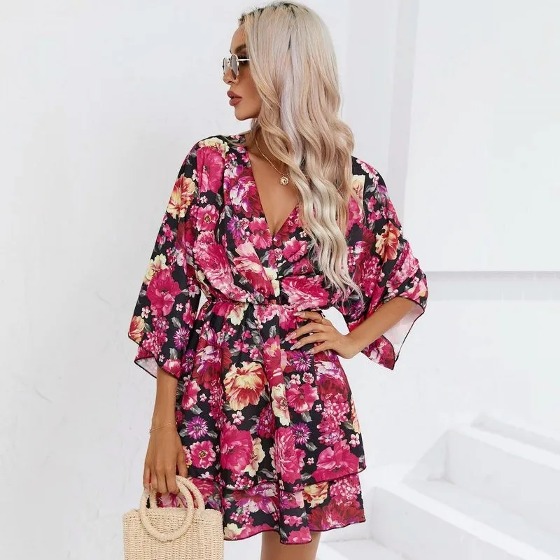 

Женское платье с поясом на резинке, разноцветное платье с цветочным принтом, V-образным вырезом, высокой талией и рукавом реглан в стиле бохо на лето 2019