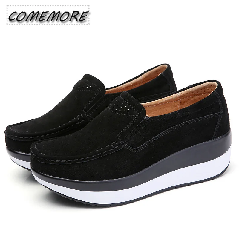 

Мокасины женские замшевые на платформе, элегантные туфли на плоской подошве, без застежки, повседневные туфли с круглым носком, черные, весна-осень