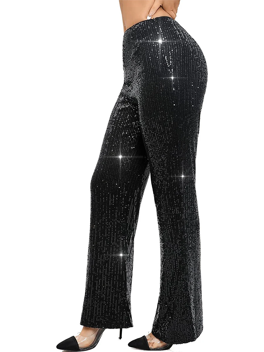 

Women Wide Leg Pants Sequins Decor Surface Eltic High Waist trouser Y2K Cool Breathable Cual Streetwear