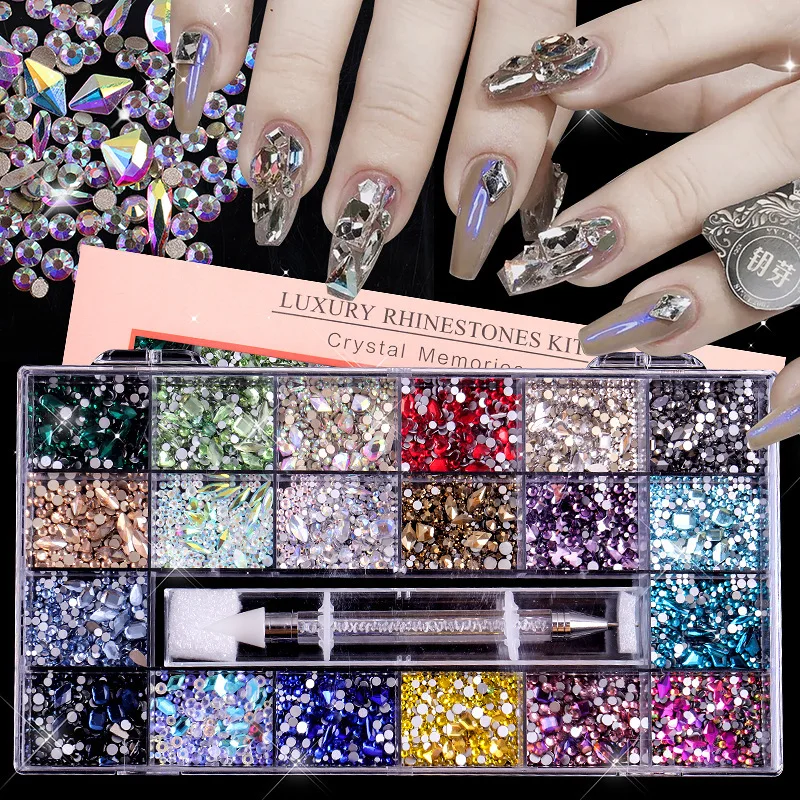 

Nail Rhinestones Kit 21 Grid Nail AB Crystal Charm Multi Shapes Rhinestones Glass Diamond DIY Nail Art Decorations with Pick Pen