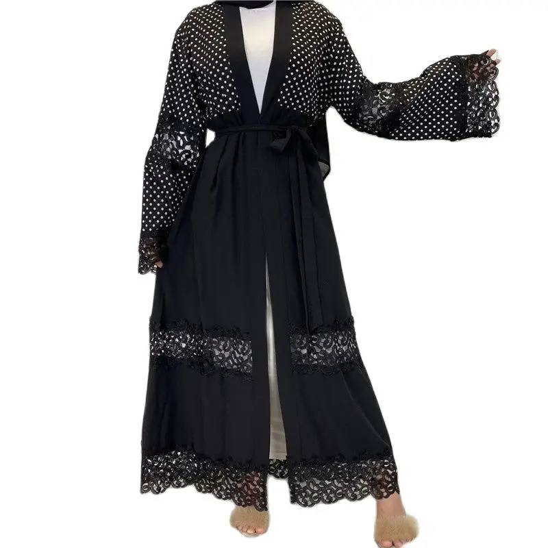 2022 Islamic Clothing Robe New Fashion Black Lace Stitching Polka Dot Turkish Islamic Dress Eid Dress For Women قفطان Cm279
