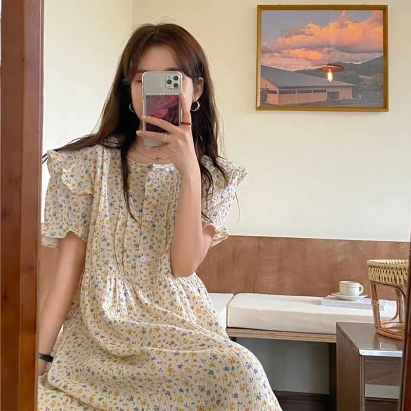 Nightgown Women Cotton Floral Short Sleeve Sleepwear Loose Korean Ruffles Sweet Summer Dress Nightdress Sleepshirt Home Clothes