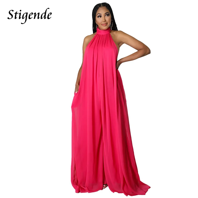 

Stigende Sexy Backless Wide Leg Chiffon Jumpsuit Women Halter Neck Loose Overalls Summer Solid Color Pocket Pants Party Wear