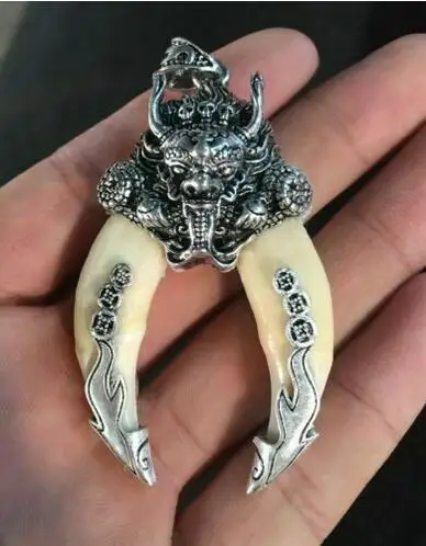 

Chinese-antique-dog-teeth-with-Tibetan-silver-amulet-carved-dragon-pendant