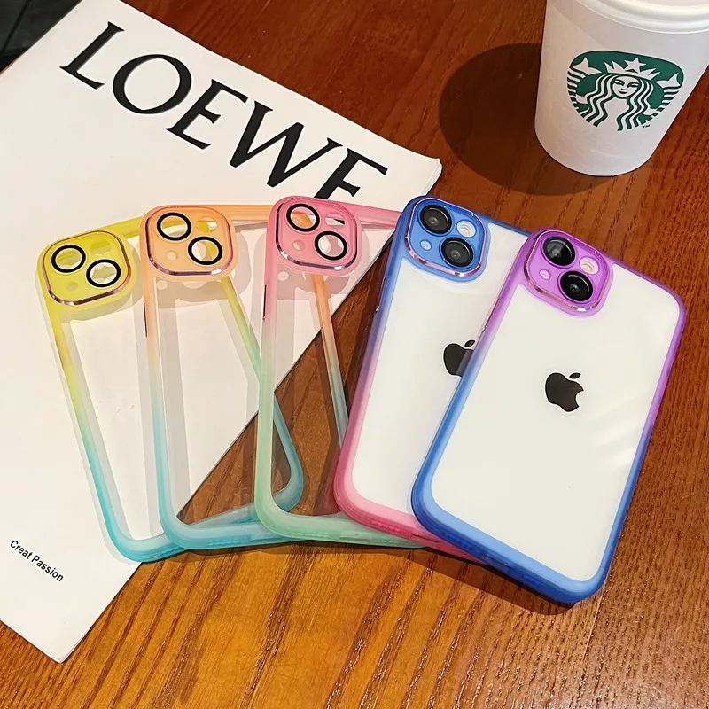 

Fashion Candy Color Rainbow Gradient Border Mobile Phone Case For IPhone11 12 13 Pro Max Plus Transparent Full Coverage