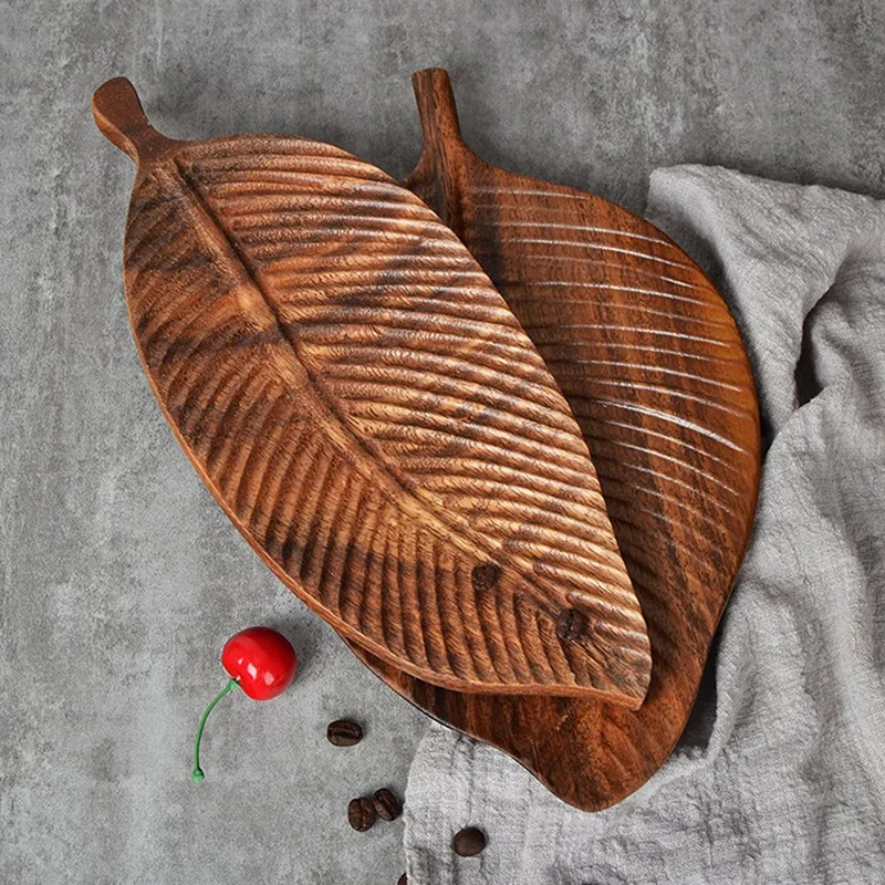 

Wooden Leaf Tray For Tea Set Cup Fruit Snake Dessert Home Decoration For Hotel Office Black Walnut Leaves Plate