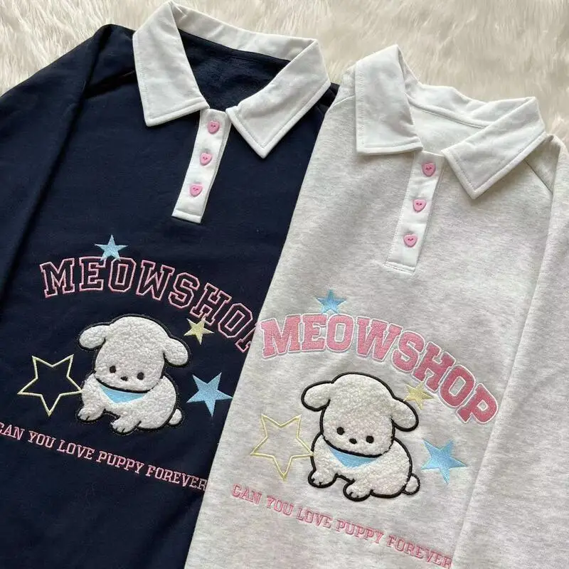 

2022 японская Y2K мультяшная собака Звезда вышивка рубашка поло Свитшот хлопок серый пуловер с длинным рукавом Женская милая одежда