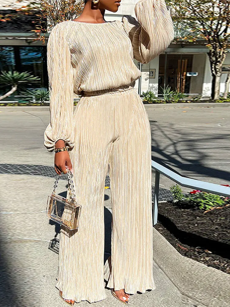 

Women Elegant Pleated Pants 2Piece Set Female O-Neck Long Sleeve Top Suits 2022 Autumn Wide Leg Trousers Outfits