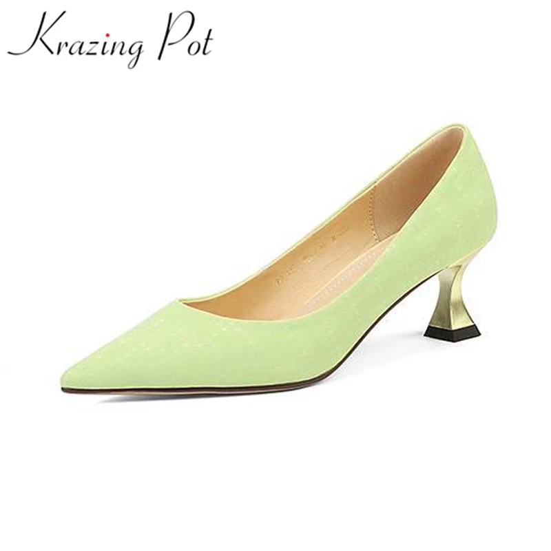 

Krazing Pot full grain leather pointed toe stiletto metal thin high heels candy colors slip on formal lady shallow summer pumps