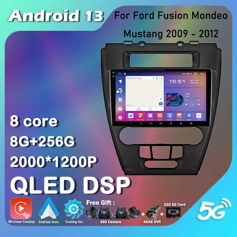 

For Ford Fusion Mondeo Mustang 2009 - 2012 Android 13 Car Radio QLED Navigation GPS Multimedia Audio Video Head Unit 360 Camera