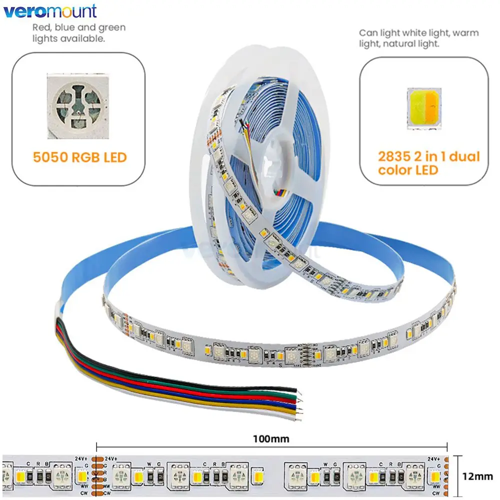 Светодиодная лента 12 мм PCB 5 м RGBCCT 12 В 24 В постоянного тока 5050 RGB + 2835 теплый белый/белый 2 в 1 CCT 120 светодиодов/м гибкая светодиодная лента для праздничных фотографий