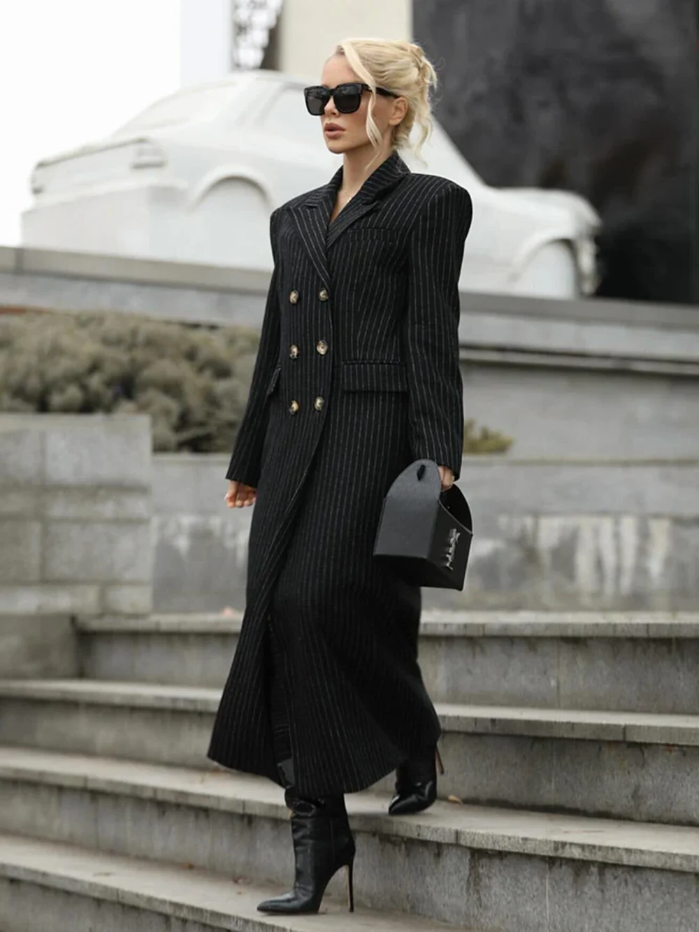 Modphy темпераментный полосатый двубортный облегающий плащ без бретелек с высокой