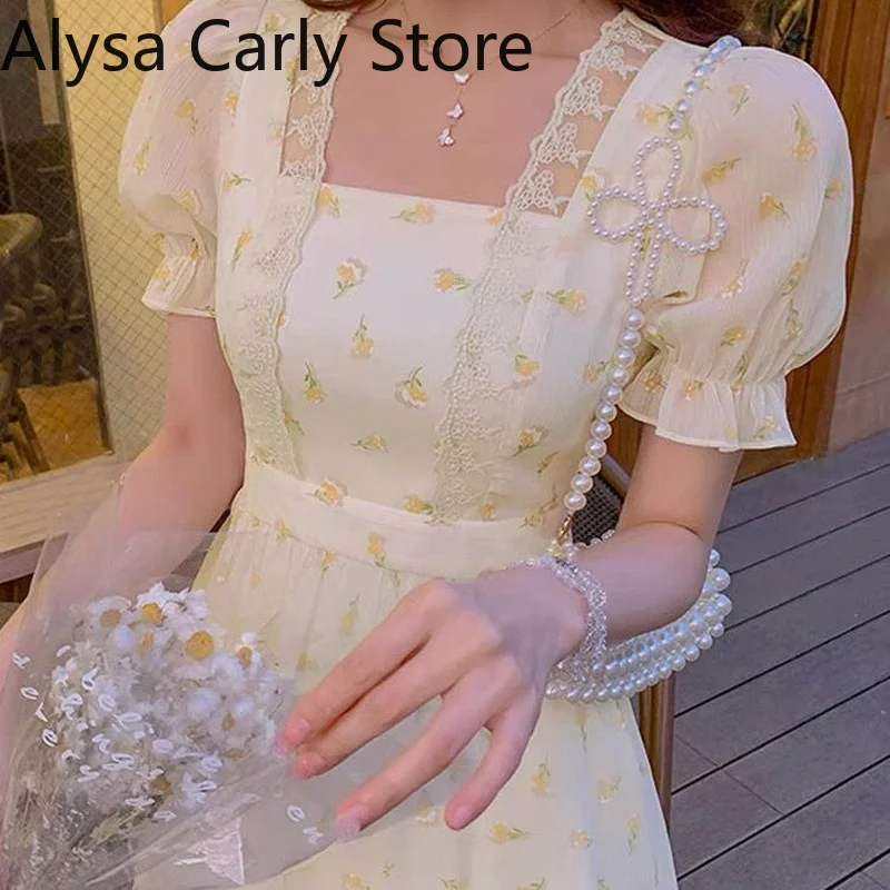 

Korean Fashion Flower Mini Dresses Women Puffer Sleeve Elegant Party Dress Female 2021 Summer Lace Up Sweet Casual Dress Y2k