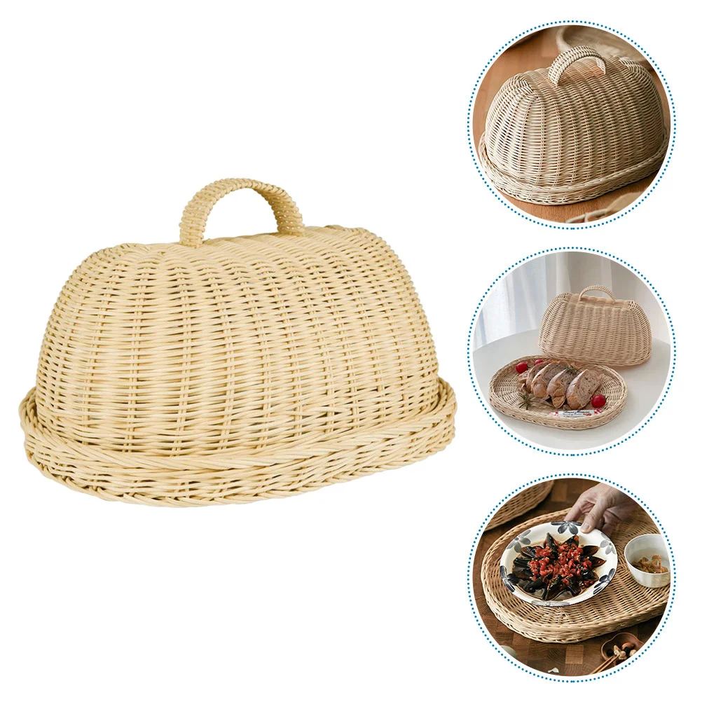 

Food Tray Cover Basket Serving Rattan Fruit Cake Dome Bread Woven Dessert Wicker Lid Kitchen Storage Covers Platter Snack Trays