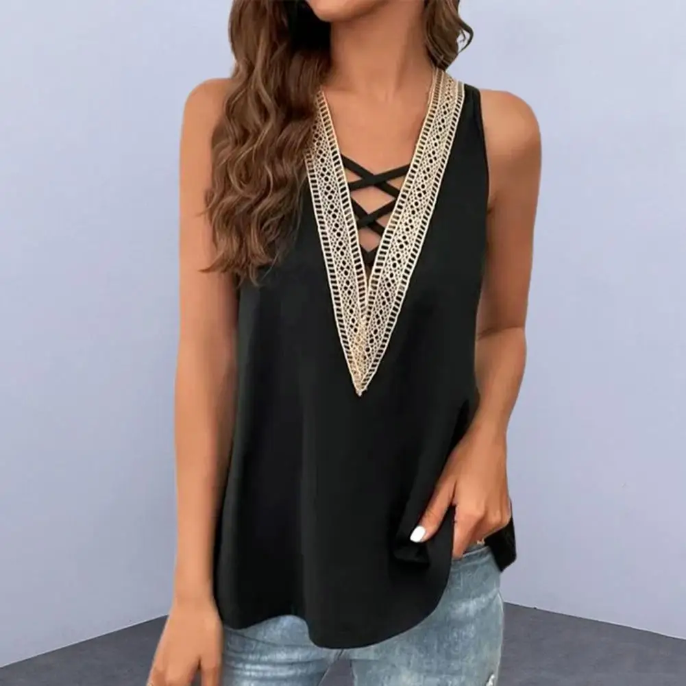 

Женский топ с V-образным вырезом и перекрестными бретельками, Летний жилет с кружевной прострочкой, свободная рубашка, тонкая женская рубашка контрастных цветов без рукавов