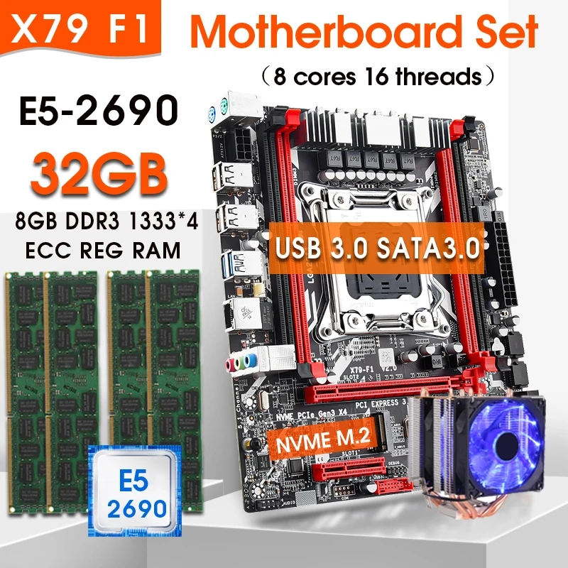 

X79 Motherboard set E5 2690 CPU 4 x 8GB = 32GB DDR3 1333Mhz DDR3 ECC REC COOLER Kit SATA3.0 USB3.0 NVMe M.2