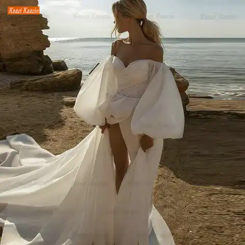 Modern Women's Wedding Dress New Sweetheart Sexy V-Neck A-Line Backless Tiny Lantern Sleeve Drape Taildress Boho Vestido Novias