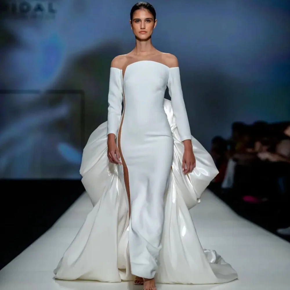 

Off Shoulder White Satin Dress Soft Organza Dress See Through Open Back Evening Gowns For Eomen Elegant Party New Fashion