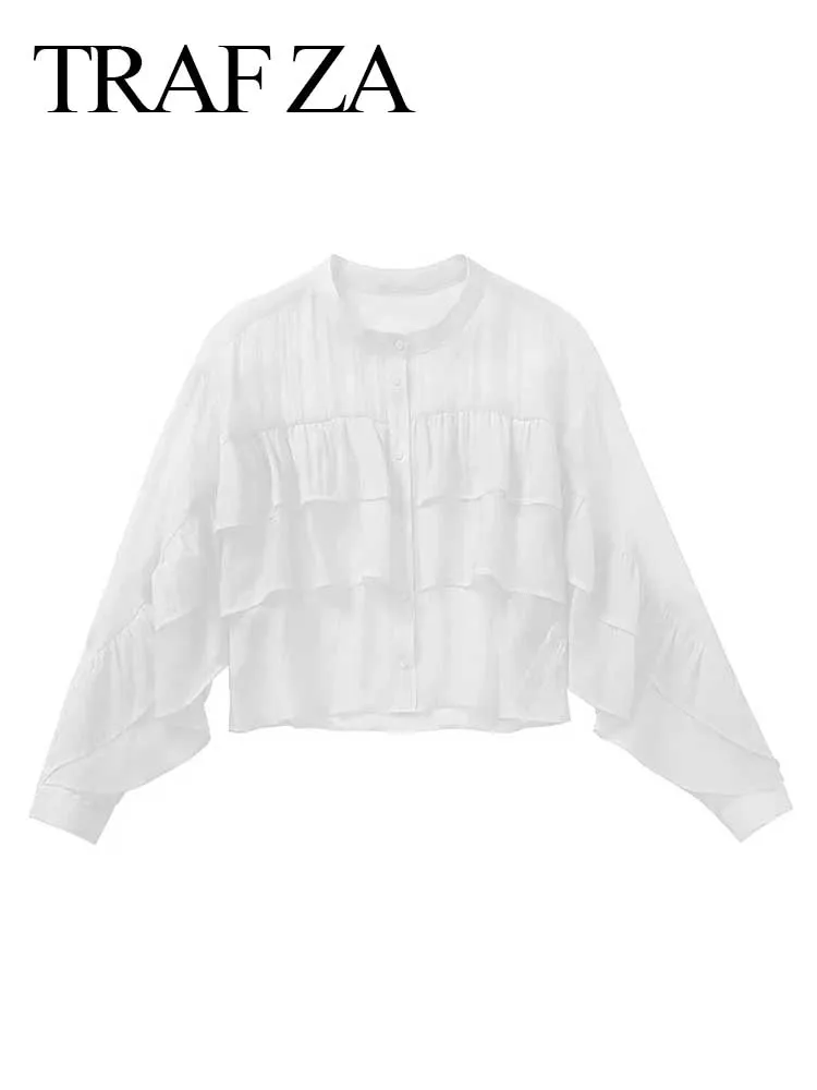 

TRAF ZA Summer New Solid Color Casual Elegant Lightweight Lady Top Round Neck Long Sleeve Premium Temperament Chiffon Blouse