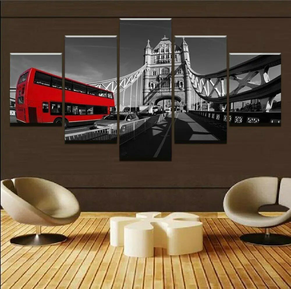 

Red bus in London Bridge 5 Pcs Canvas Wall Art Paint Poster Home Decor 5 Panel HD Print Pictures No Framed 5 Piece Room Decor